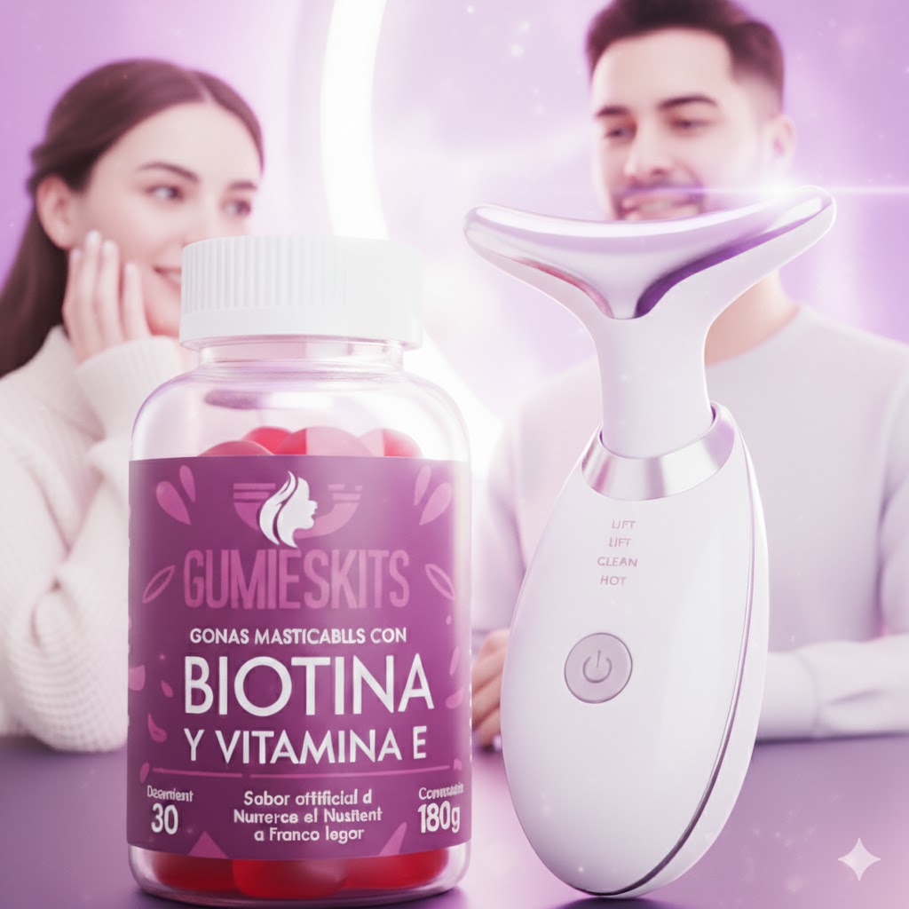 Combo Antiedad Premium: Masajeador Facial LED +  Gomas Biotina, Colágeno y Vitamina E