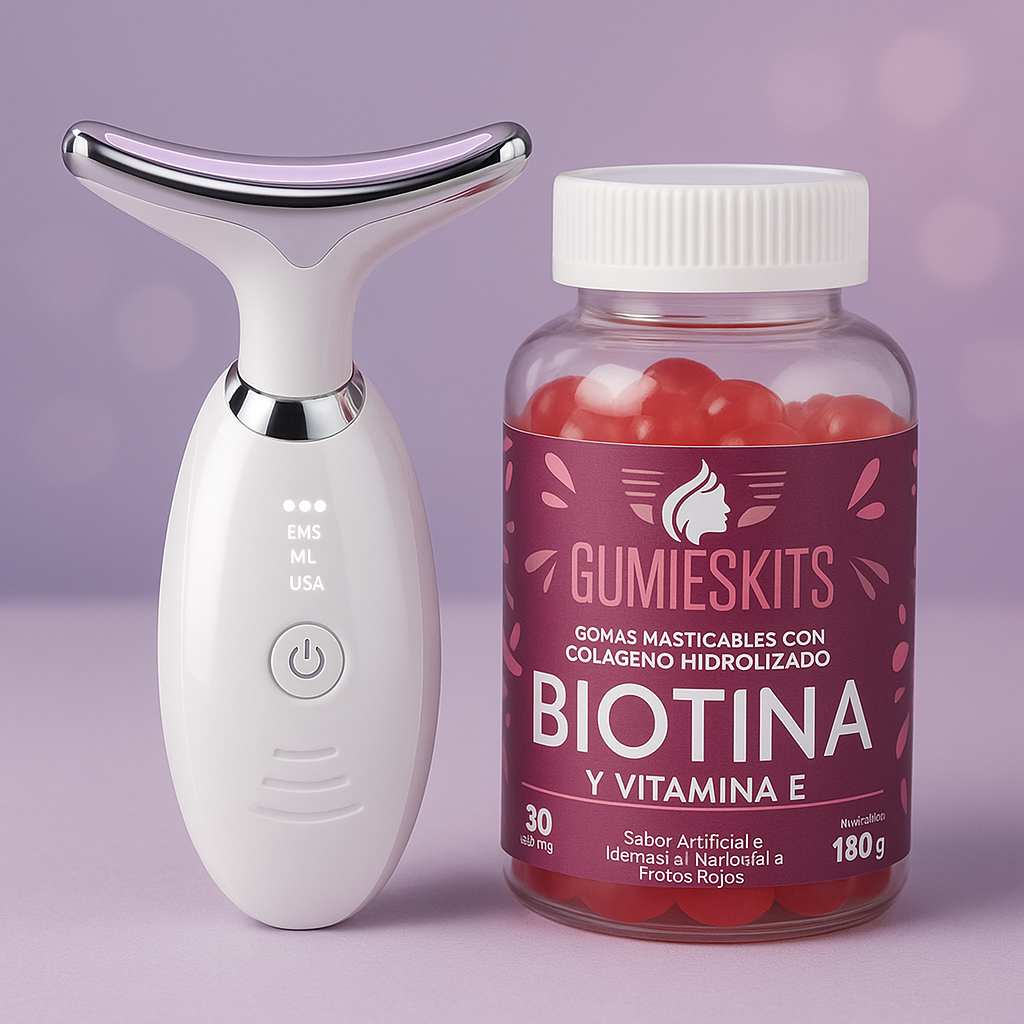 Combo Antiedad Premium: Masajeador Facial LED +  Gomas Biotina, Colágeno y Vitamina E